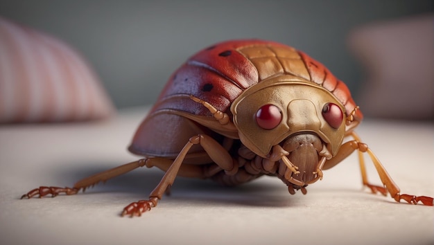 A realistic rendering of a brown and black striped beetle with red eyes