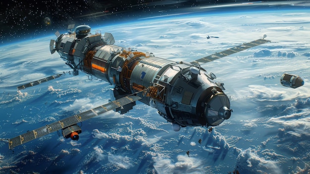 A realistic rendering of a modular orbital space station with extended solar arrays hovering over th