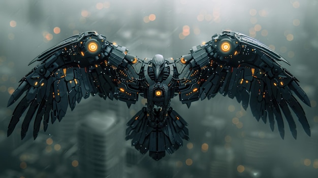 Photo a realistic robot bird is flying on a mission a vulture robot in flight