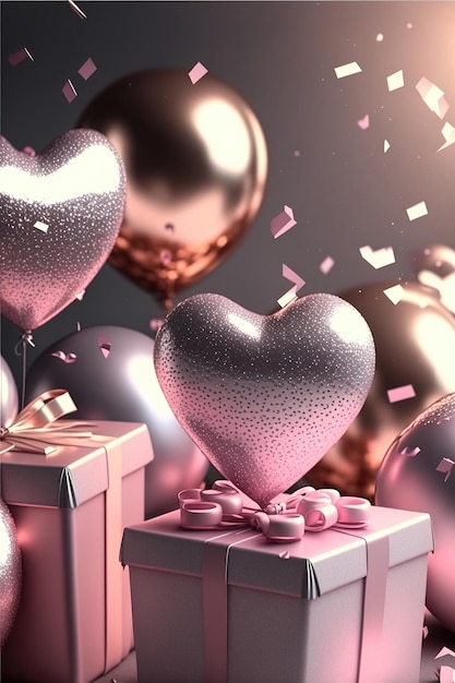 Realistic romantic background with heart shaped balloons gift box and light effects on blurred background whith confetti