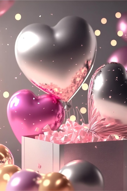 Realistic romantic background with heart shaped balloons gift box and light effects on blurred background whith confetti