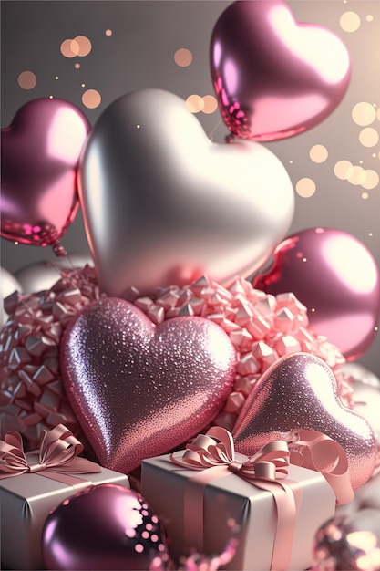 Realistic romantic background with heart shaped balloons gift box and light effects on blurred background whith confetti