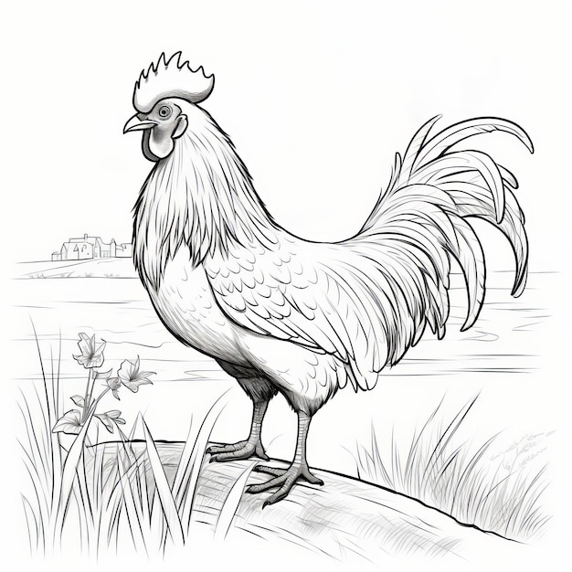 Realistic Rooster Coloring Pages Detailed Rendering of a Chicken in a Field