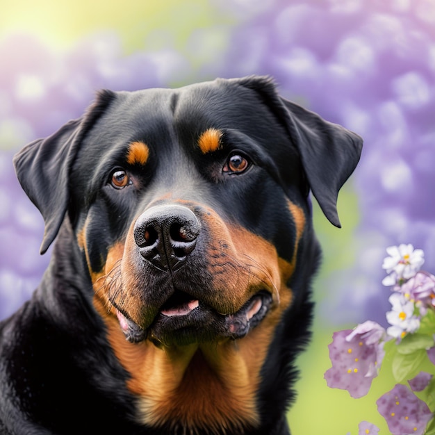 Realistic rottweiler dog on ravishing natural outdoor background