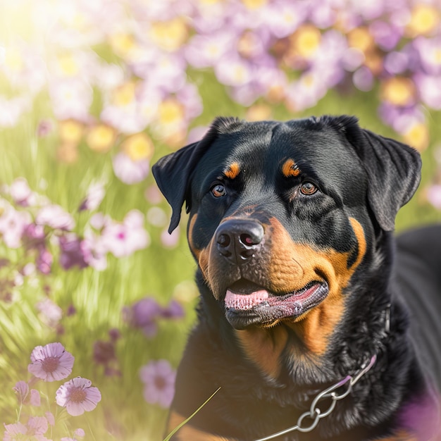 Realistic rottweiler dog on ravishing natural outdoor background