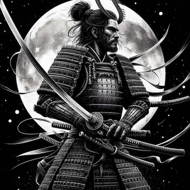 Realistic samurai illustrated background black and white samurai illustration