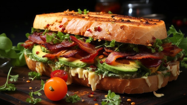 Realistic Sandwich with bacon and vegetables on wooden background