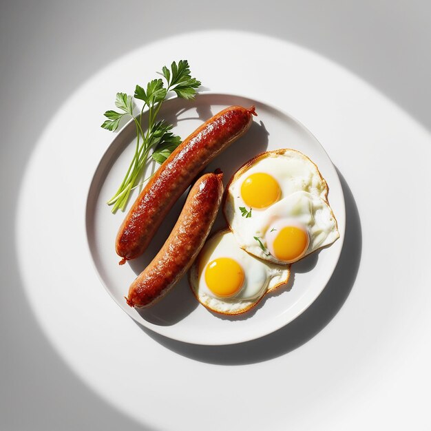 Photo realistic sausage and eggs photo solid white background