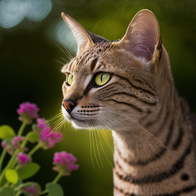 Realistic savannah cat on ravishing natural outdoor background