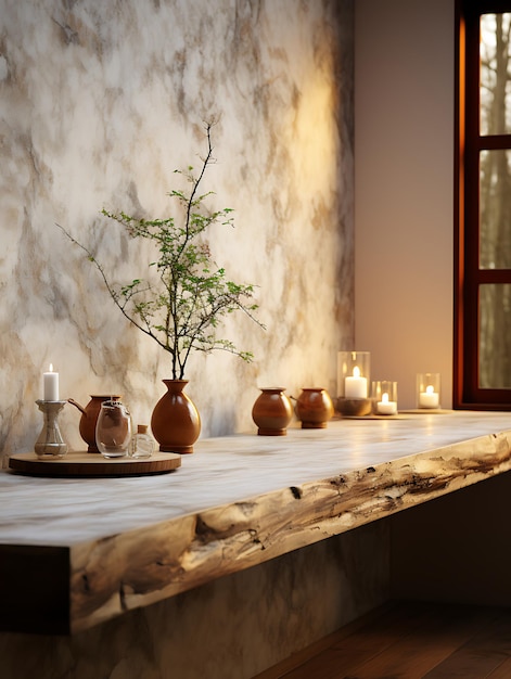 Realistic scene rocky countertop and wall