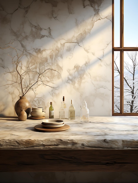 Realistic scene rocky countertop and wall