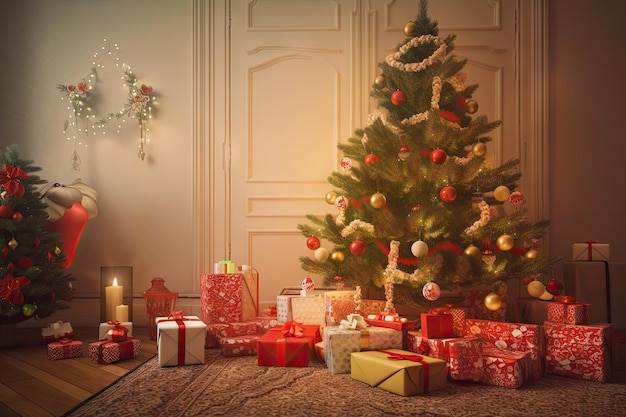 Realistic scene with decorations and gifts surrounding the tree