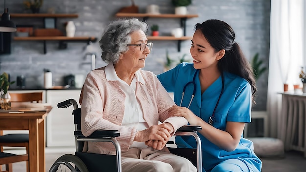 Realistic scene with elderly care for senior peopleSick Old Man is Receiving Advice From Nurse in H