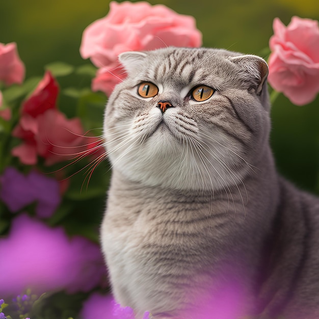 Realistic scottish fold cat on ravishing natural outdoor background