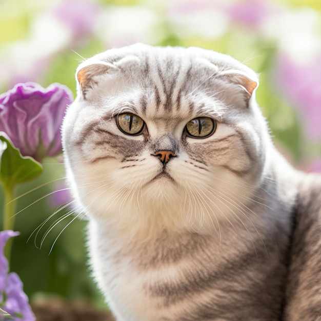 Realistic scottish fold cat on ravishing natural outdoor background