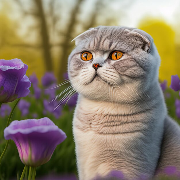 Realistic scottish fold cat on ravishing natural outdoor background