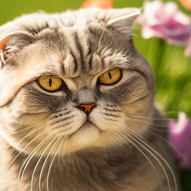 Realistic scottish fold cat on ravishing natural outdoor background