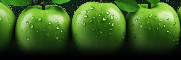 realistic seamless pattern of fresh green apples with drops of water banner background