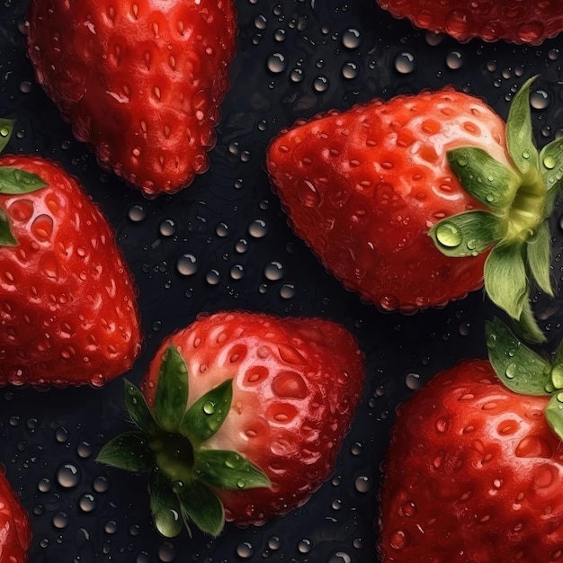 realistic seamless pattern of fresh strawberries with drops of water banner background