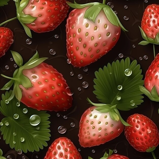 realistic seamless pattern of fresh strawberries with drops of water banner background