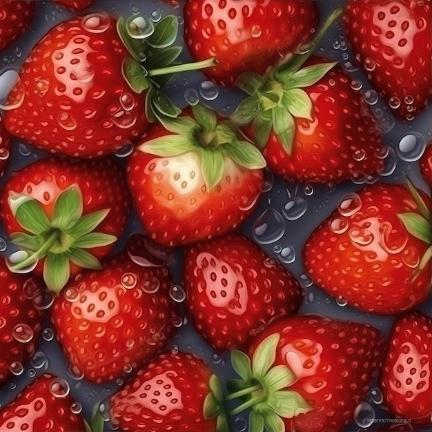 realistic seamless pattern of fresh strawberries with drops of water banner background