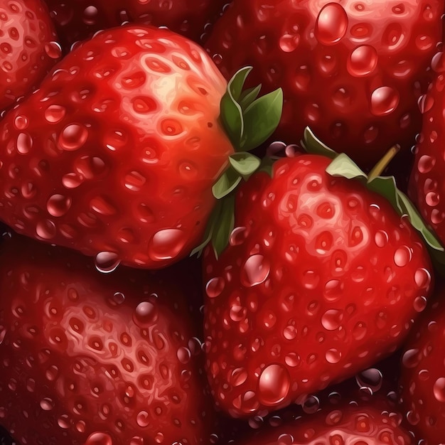 realistic seamless pattern of fresh strawberries with drops of water banner background