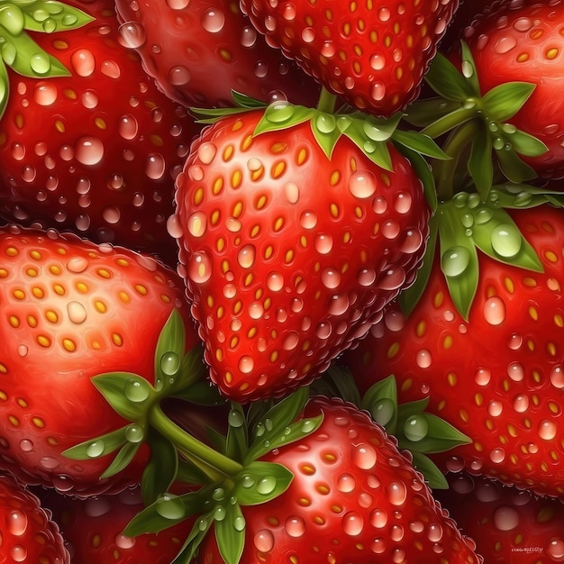 realistic seamless pattern of fresh strawberries with drops of water banner background