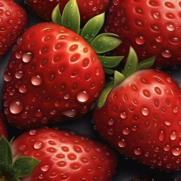 realistic seamless pattern of fresh strawberries with drops of water banner background