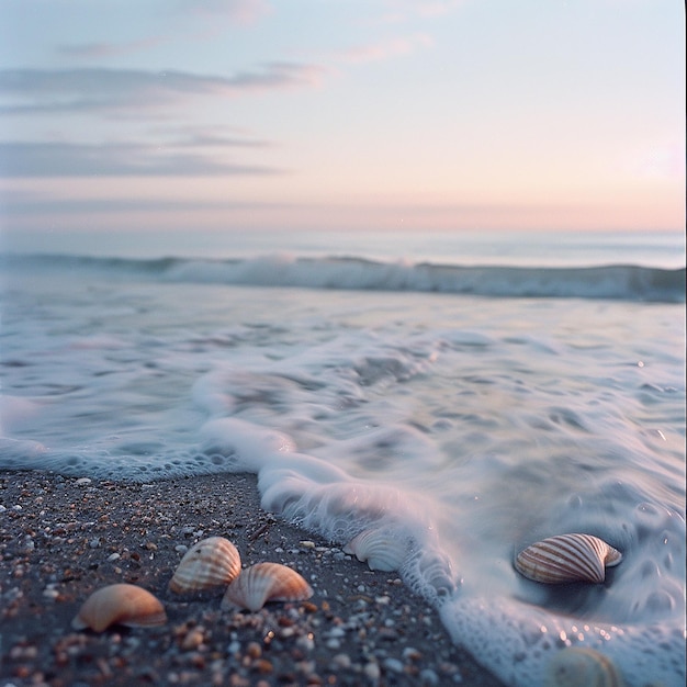 Photo a realistic serene beach at sunrise with soft waves