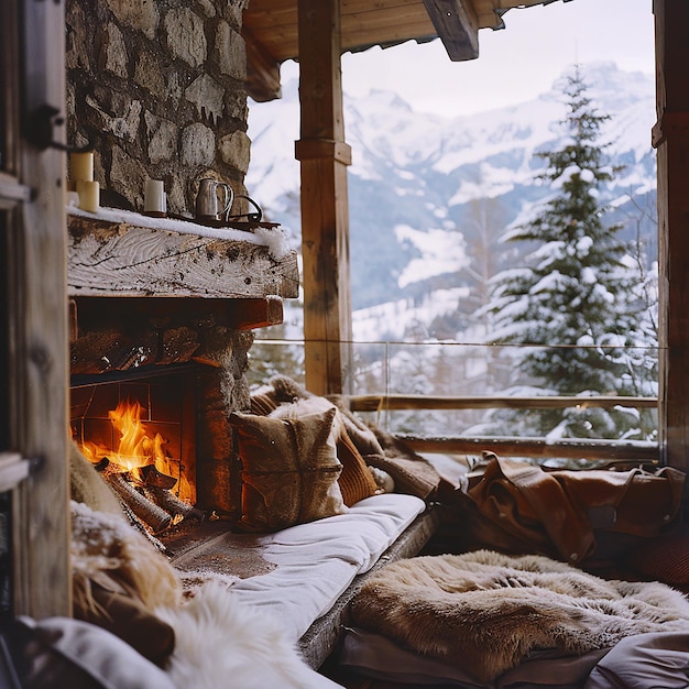 Photo a realistic serene mountain cabin with a cozy fire