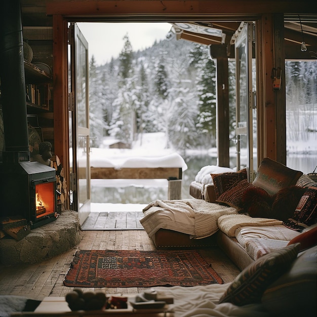 Photo a realistic serene mountain cabin with a cozy fire