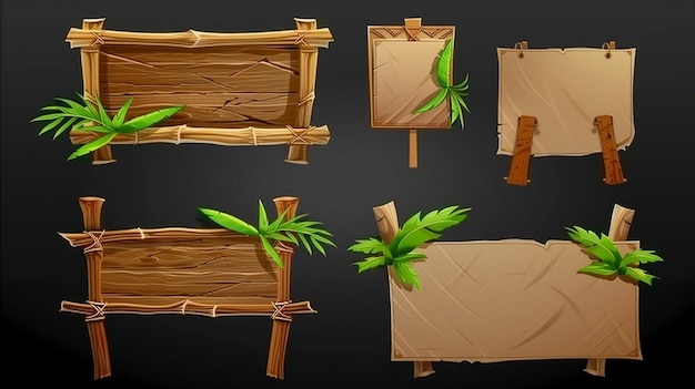 Realistic set of bamboo wood and paper signboards