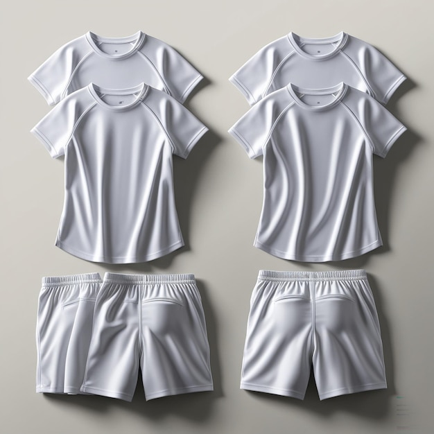 Photo realistic set of white tshirts with short sleeves and shorts sportswear sport uniform