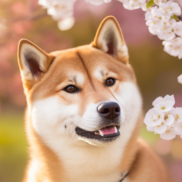 Realistic shiba inu dog on ravishing natural outdoor background