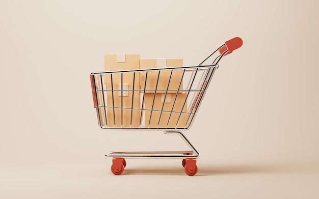 Realistic shopping cart with box inside 3d rendering