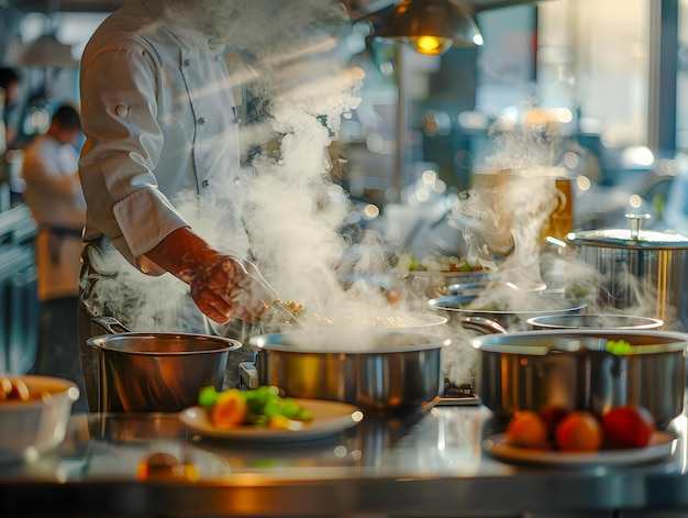 A realistic shot of a chef preparing food in a busy kitchen with steam rising from pots and pans and colorful condiments scattered on the counter