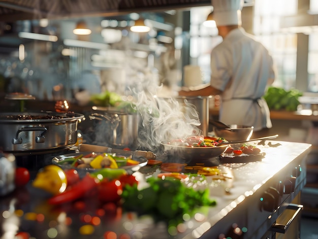 A realistic shot of a chef preparing food in a busy kitchen with steam rising from pots and pans and colorful condiments scattered on the counter