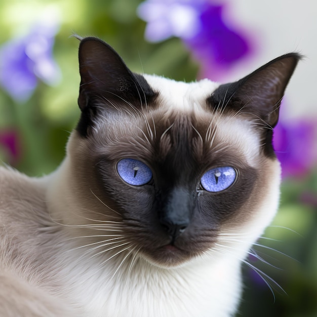 Realistic siamese cat on ravishing natural outdoor background