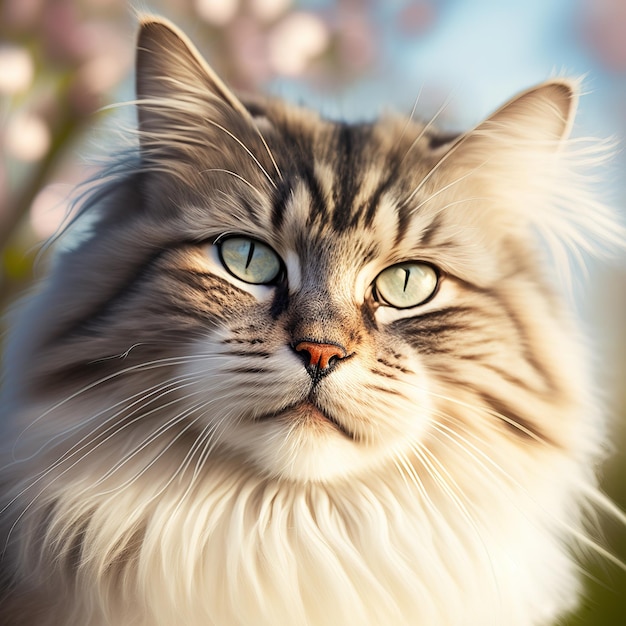 Realistic siberian cat on ravishing natural outdoor background