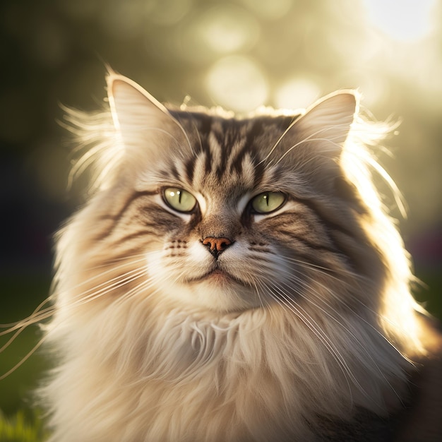 Realistic siberian cat on ravishing natural outdoor background