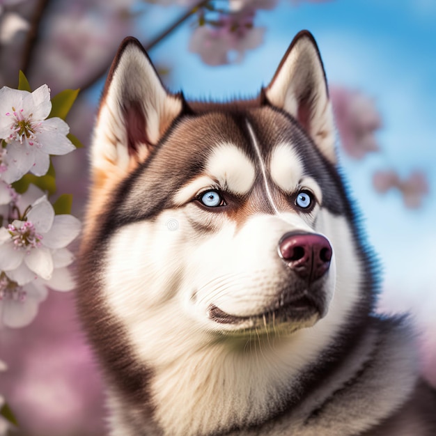 Realistic siberian husky dog on ravishing natural outdoor background