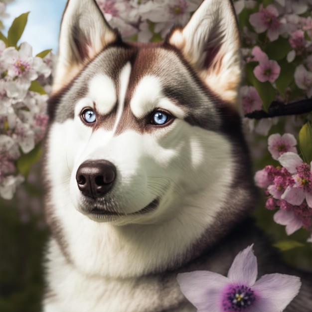 Realistic siberian husky dog on ravishing natural outdoor background