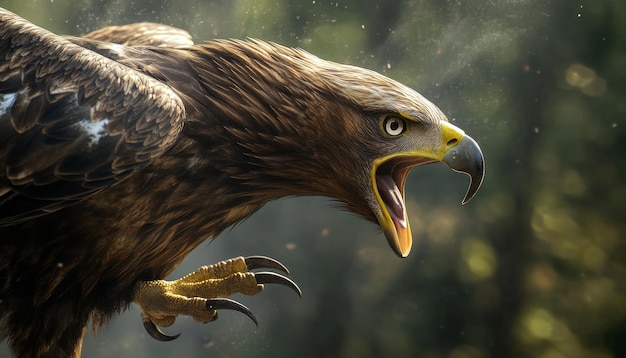 Photo realistic side profile of an eagle attacking with claw