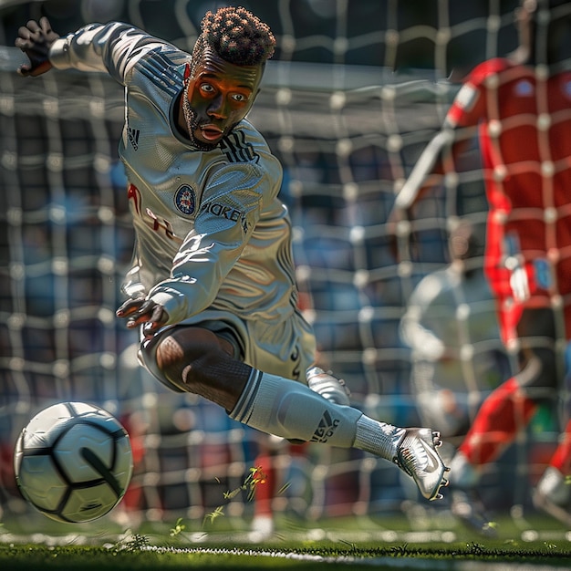 Photo realistic soccer player scoring a goal