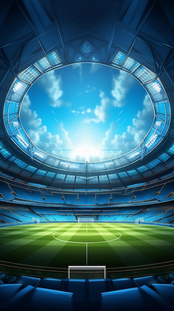 a realistic soccer stadium with a goal and a bright sky generative ai