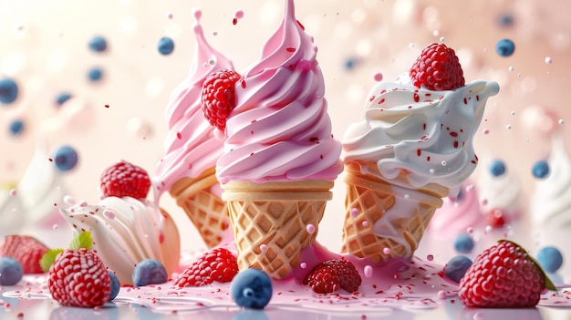 Realistic soft fruit ice cream cones with splash and berries Sweet frozen creamy dessert in 3d style