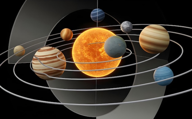 Photo realistic solar system model highlighting planets and their orbits