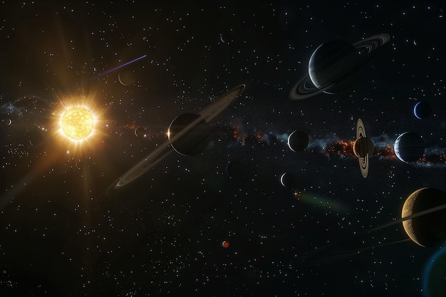 Realistic solar system with all planets and the sun in space