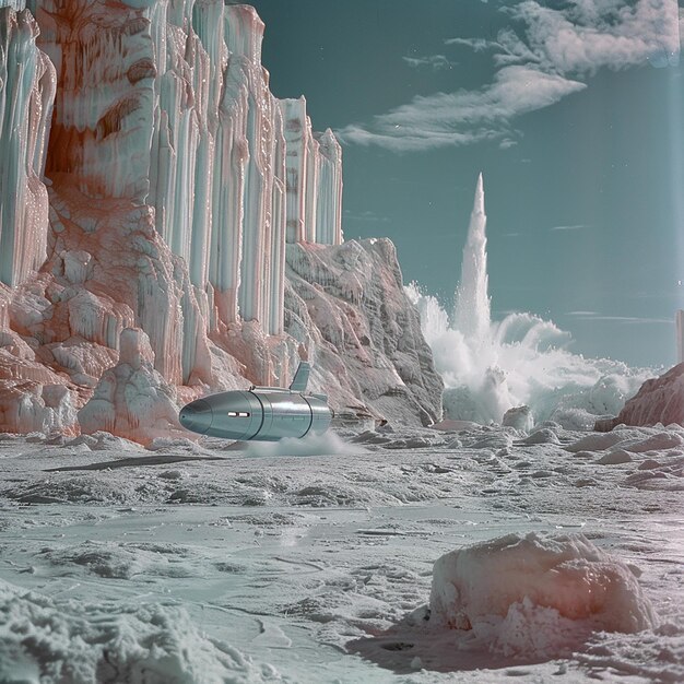 Photo realistic spaceship landing on a frozen moon