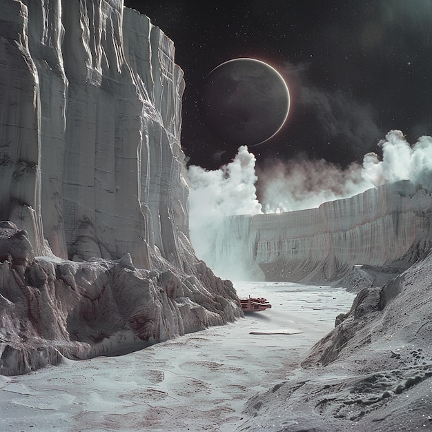 Photo realistic spaceship landing on a frozen moon